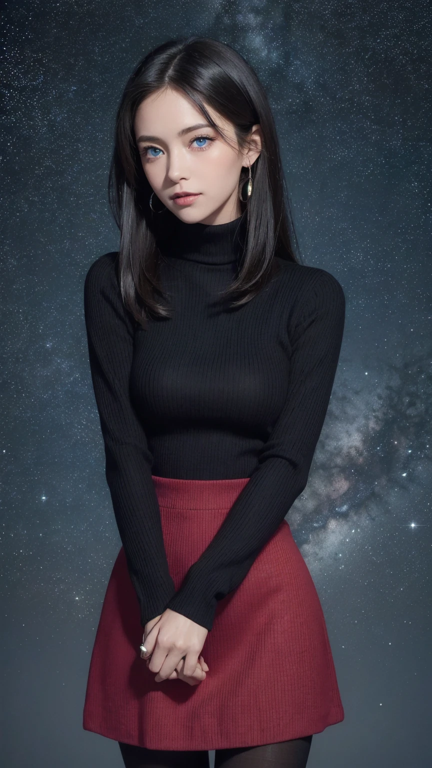 超High resolution, Attention to detail, High resolution, 8K, 16K, high quality, 最high quality, Very detailed, Textured skin, (masterpiece), Accurate, Anatomically correct, Awards,Beautiful attention to detail, High resolution, Realistic colors and lighting,Looking into the camera,To the camera,(1 female: 1.3),(alone: 1.4),(((Black Hair))),(((Long Bob))),(((Medium Hair:1.4))),美しいBlack Hair,光沢のあるBlack Hair,(((Red turtleneck long knit sweater dress:1.1))),Close-fitting knit dress,(((Red high neck knit sweater))),(((Red high neck ribbed knit dress))),(((Woman in black pantyhose))),(((Black Pantyhose))),Crystal Hairpin,(Silver Necklace),(Pink Medium),silver crystal earrings,Long eyelashes,Thin legs,Feminine poses,Sexy pose,Upper Body,Night starry sky,Eyes as deep as the starry sky,(((Pale blue eyes))),Moist eyes,Sparkling eyes,Little tears,Blushed,shy,Please open your mouth a little and smile.,Quietly smiling face,mystery,mystery的,Woman as beautiful as an angel,