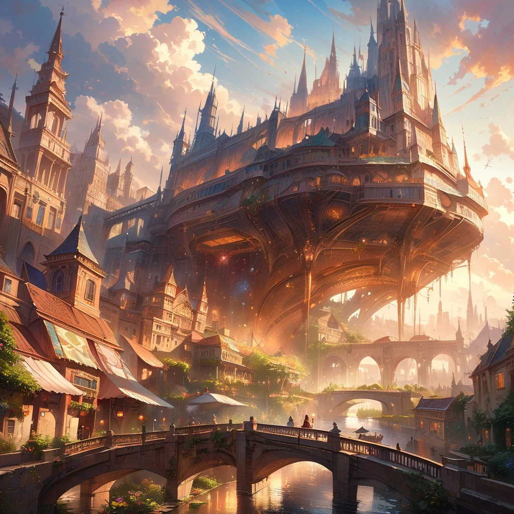 (best quality,4k,highres,masterpiece:1.2),ultra-detailed,(realistic,photorealistic,photo-realistic:1.37),fantastical floating city in the sky,ethereal atmosphere,dreamy clouds floating around the city,majestic golden sunlight shining through the clouds,impressive city structures with intricate architectural details,towering spires and ornate rooftops,picturesque bridges and walkways connecting different parts of the city,lush green gardens and vibrant flowers scattered throughout,cheerful inhabitants enjoying the magical scenery and going about their daily lives,soft colors and pastel tones, creating a whimsical and enchanting ambiance,illuminated by a soft warm glow from the city lights,creating a magical and captivating atmosphere from dawn till dusk.