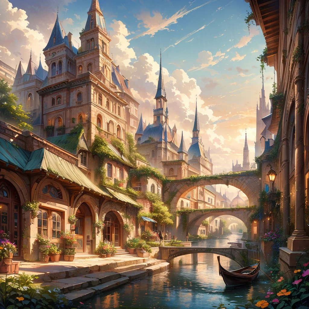 (best quality,4k,highres,masterpiece:1.2),ultra-detailed,(realistic,photorealistic,photo-realistic:1.37),fantastical floating city in the sky,ethereal atmosphere,dreamy clouds floating around the city,majestic golden sunlight shining through the clouds,impressive city structures with intricate architectural details,towering spires and ornate rooftops,picturesque bridges and walkways connecting different parts of the city,lush green gardens and vibrant flowers scattered throughout,cheerful inhabitants enjoying the magical scenery and going about their daily lives,soft colors and pastel tones, creating a whimsical and enchanting ambiance,illuminated by a soft warm glow from the city lights,creating a magical and captivating atmosphere from dawn till dusk.