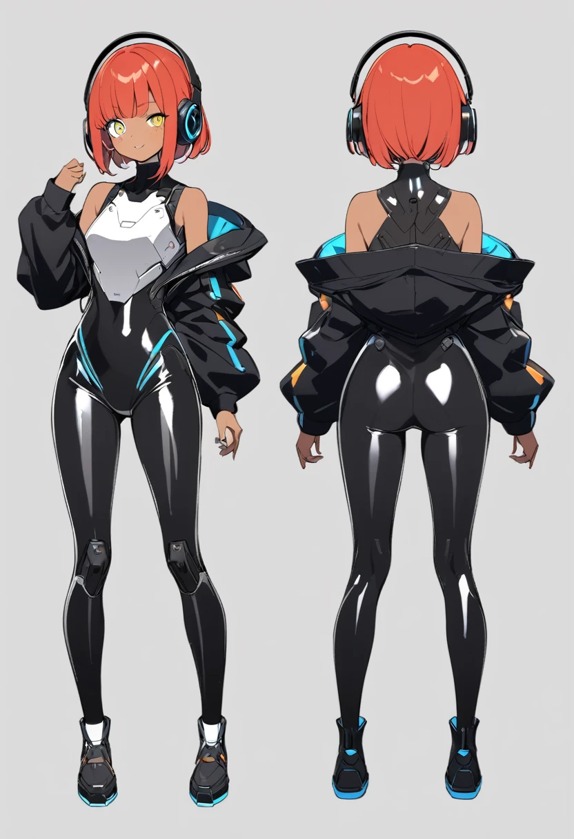 full body, reference sheet, front, back, side,1 girl, Android girl, cyberpunk, (cute:1.3),red Hair, left eye yellow, right eye blus, tan skin, freckles{White breastplate, Black futuristic headphones, Mechanical black glossy metallic Bodysuit, Bare shoulders, oversized jacket, Glossy, shiny material}