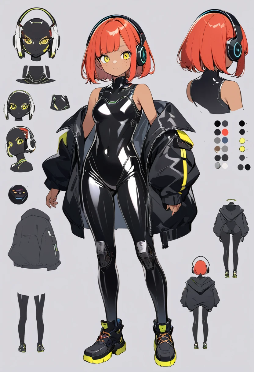 full body, reference sheet, front, back, side,1 girl, Android girl, cyberpunk, (cute:1.3),short red Hair, left eye yellow, right eye blue, tan skin, freckles｛White breastplate, Black futuristic headphones, Mechanical black glossy metallic Bodysuit, Bare shoulders, oversized jacket, Glossy, shiny material｝