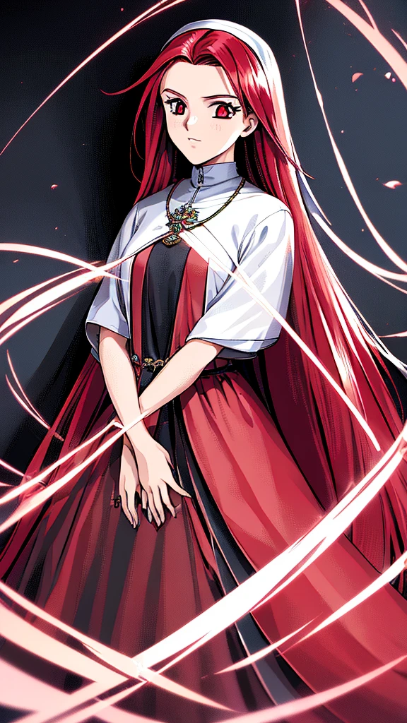 best quality,highly detailed,masterpiece,ultra-detailed,illustration,long hair,red hair, nun, 1 girl,red eyes, extremely detailed CG unity 8k wallpaper, highres, colorful,galgame, White background,Front view