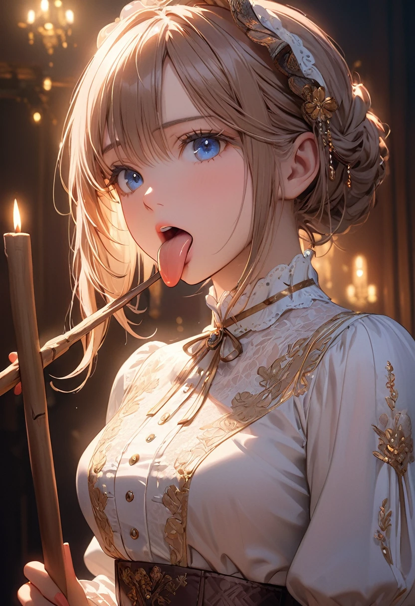 ((top quality)), ((masterpiece)), (detail), high resolution, perfect face, detailed eyes, fine eyes, cinematic lighting, 1 beautiful girl, Victorian blouse, Luxurious embroidery, medium breasts, stick out one's tongue