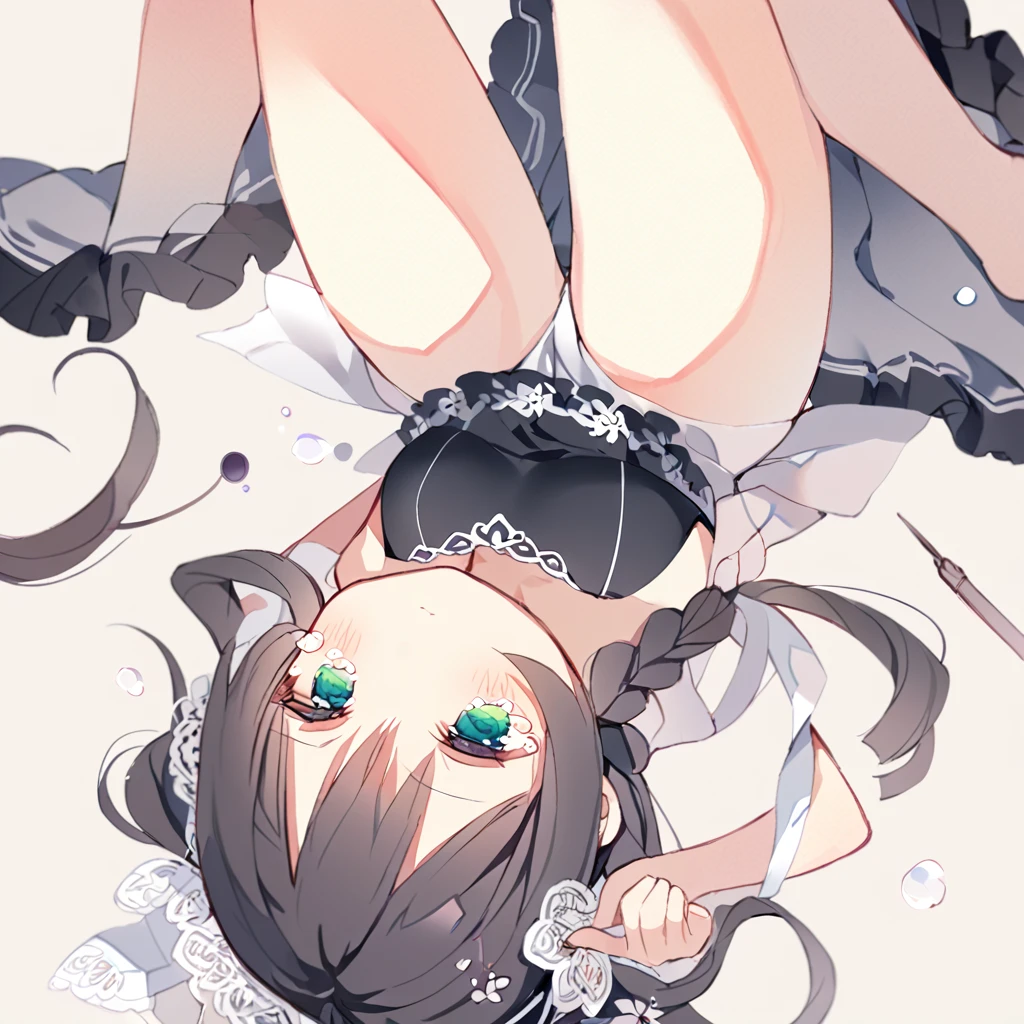 masterpiece, ultra detailed, 8K, full body shot,, a girl, kawaii, light atmosphere, (Cute a girl:1.5), (a girl with closs hair pin, pale purple hair, wavy two braids, blunt bangs hair, green and black eyes empty eyes, yandere, portrait:1.4), anime visual, (tilt head:1.3), extremely delicate face, realistic lighting and shading, (an extremely delicate and beautiful art:1.3),Watercolor painting, a girl, Slender girl with small , Black maid dress, Big tears spill from my eyes,