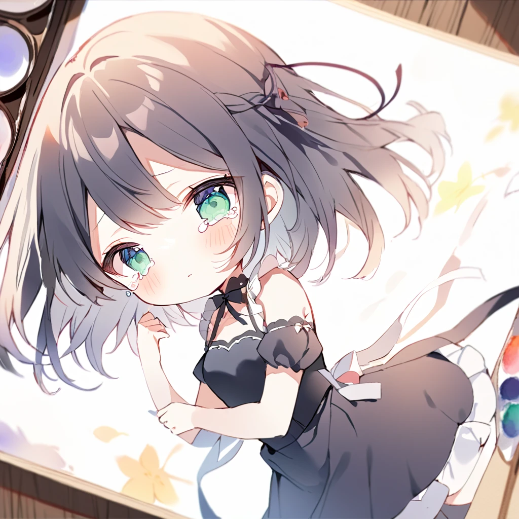 masterpiece, ultra detailed, 8K, full body shot,, a girl, kawaii, light atmosphere, (Cute a girl:1.5), (a girl with closs hair pin, pale purple hair, wavy two braids, blunt bangs hair, green and black eyes empty eyes, yandere, portrait:1.4), anime visual, (tilt head:1.3), extremely delicate face, realistic lighting and shading, (an extremely delicate and beautiful art:1.3),Watercolor painting, a girl, Slender girl with small breasts, Black maid dress, Big tears spill from my eyes,