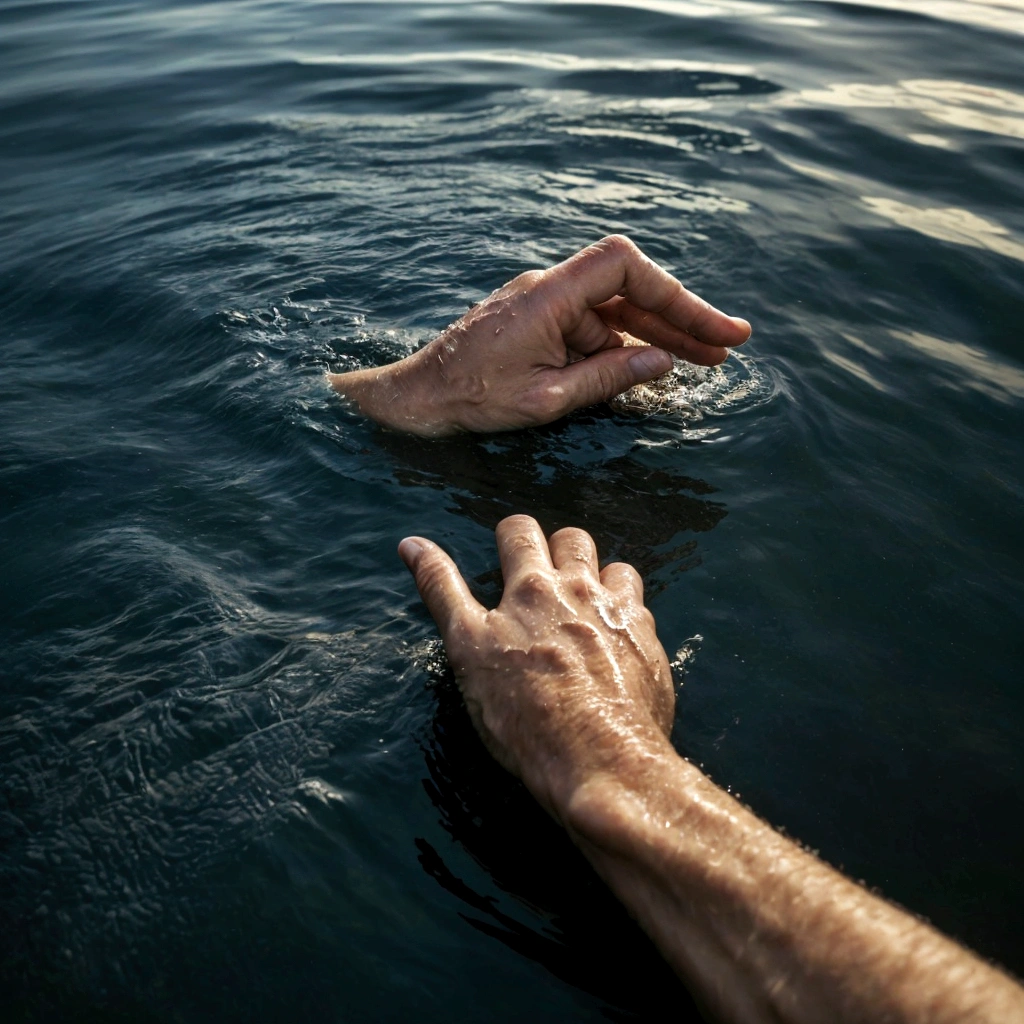 Realism, High Image, man's hand sticking out of the water, drowning man, hand asking for help, Sea, rough ocean, Realism, fix fingers, There are five fingers on the hand