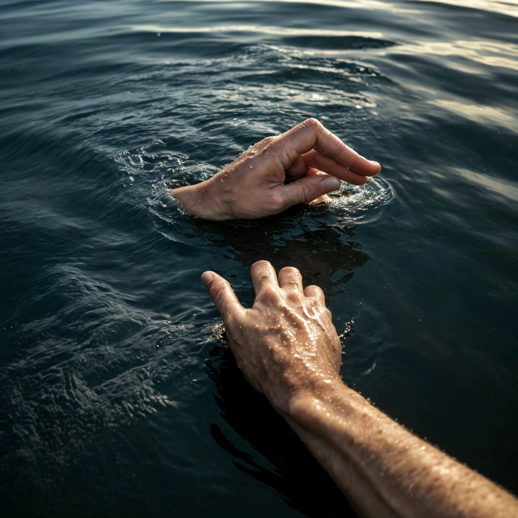 Realism, High Image, man&#39;s hand sticking out of the water, drowning man, hand asking for help, Sea, rough ocean, Realism, fix fingers, There are five fingers on the hand