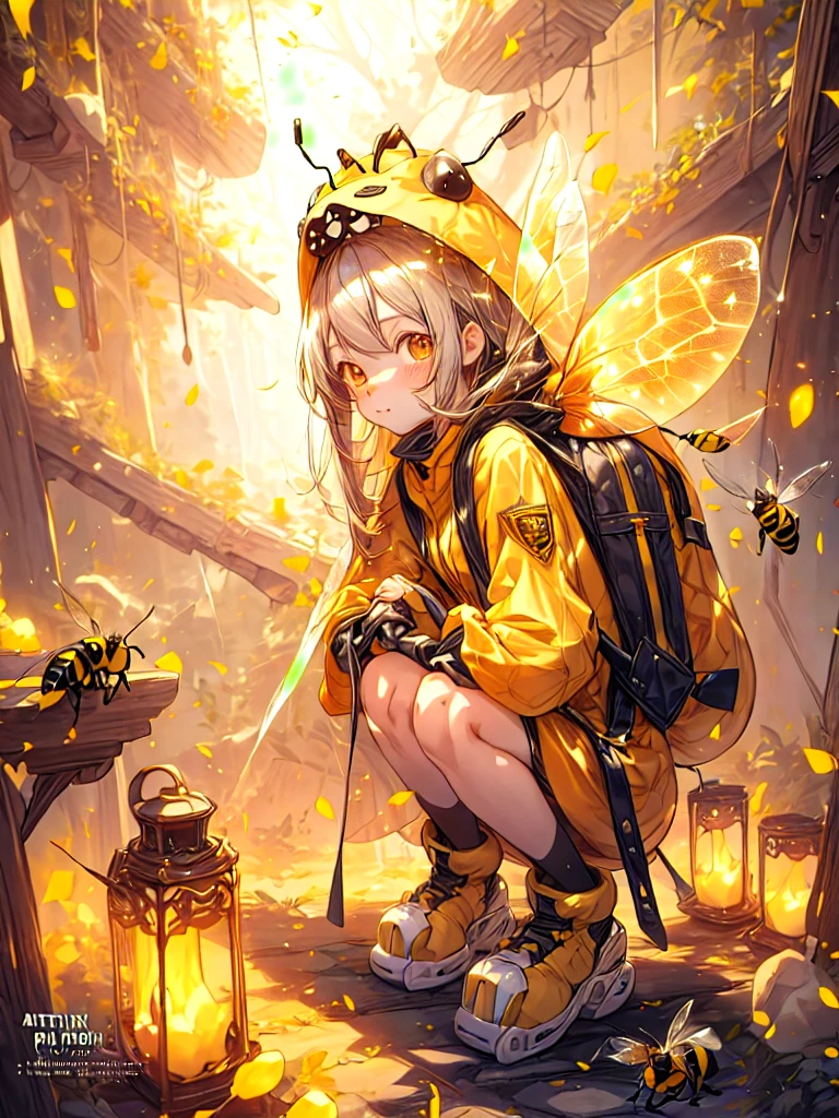 anime girl with a bee costume and a backpack kneeling down, fantasy beekeeper, trending on artstation pixiv, ( cute small bee floating around her), human structure bee concept art, official art, high detailed official artwork, pixiv contest winner, among wonderful golden fireflies, glowing amber