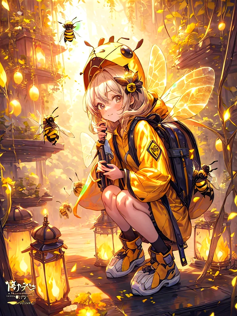 anime girl with a bee costume and a backpack kneeling down, fantasy beekeeper, trending on artstation pixiv, ( cute small bee floating around her), human structure bee concept art, official art, high detailed official artwork, pixiv contest winner, among wonderful golden fireflies, glowing amber