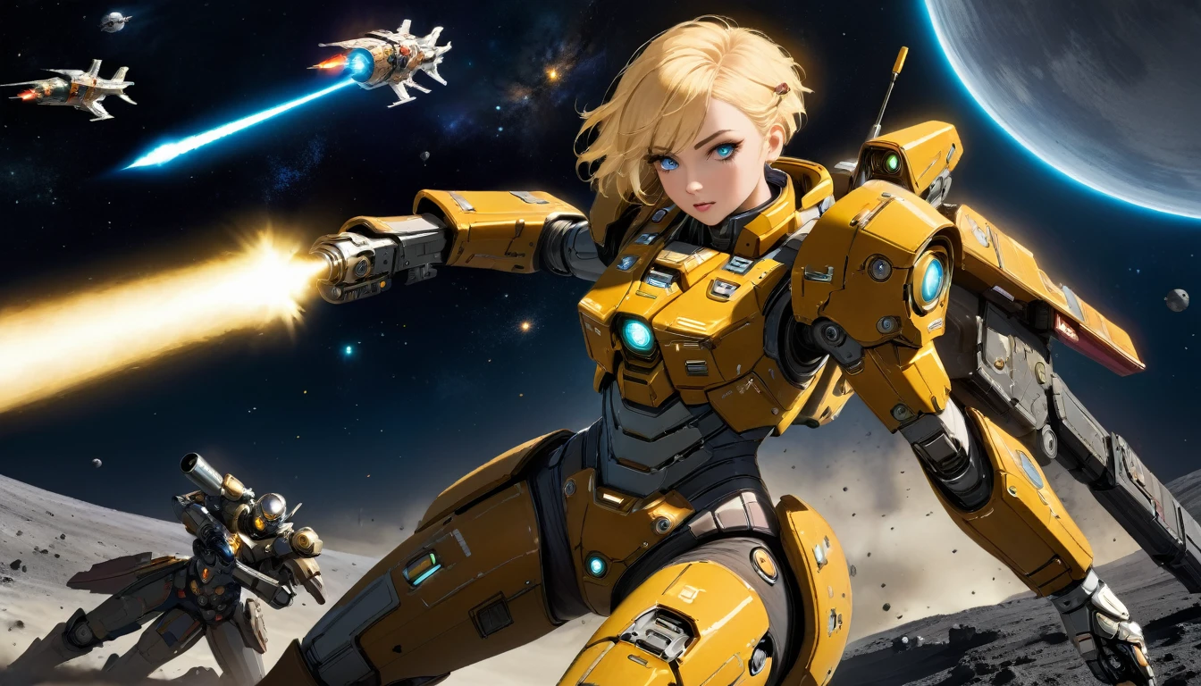 a female mech warrior in battle on a moon in space, full body shot, action shot, a tough and beautiful female mech warrior, short blond hair, dynamic eye color, intent gaze, ultra detailed face, best detailed face, she wears mech armor, and massive sci-fi gun, in battle, outer space background, stars, vibrant, Ultra-high resolution, High Contrast, (masterpiece:1.5), highest quality, Best aesthetics), best details, best quality, highres, (ultra wide angle: 1.2), 16k, ultra detailed, masterpiece, best quality, (extremely detailed),aetherpunkai, Mechanical Creatures, lasgun