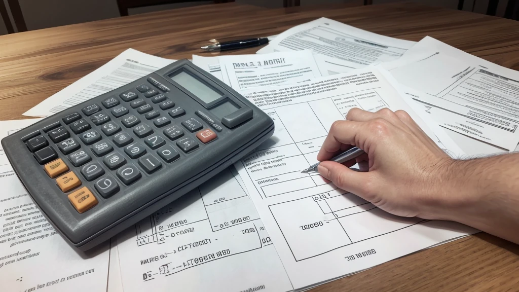 A paper with a calculation of millions, a calculator on the side, (a hand with the index pointing out the final result of the numbers)