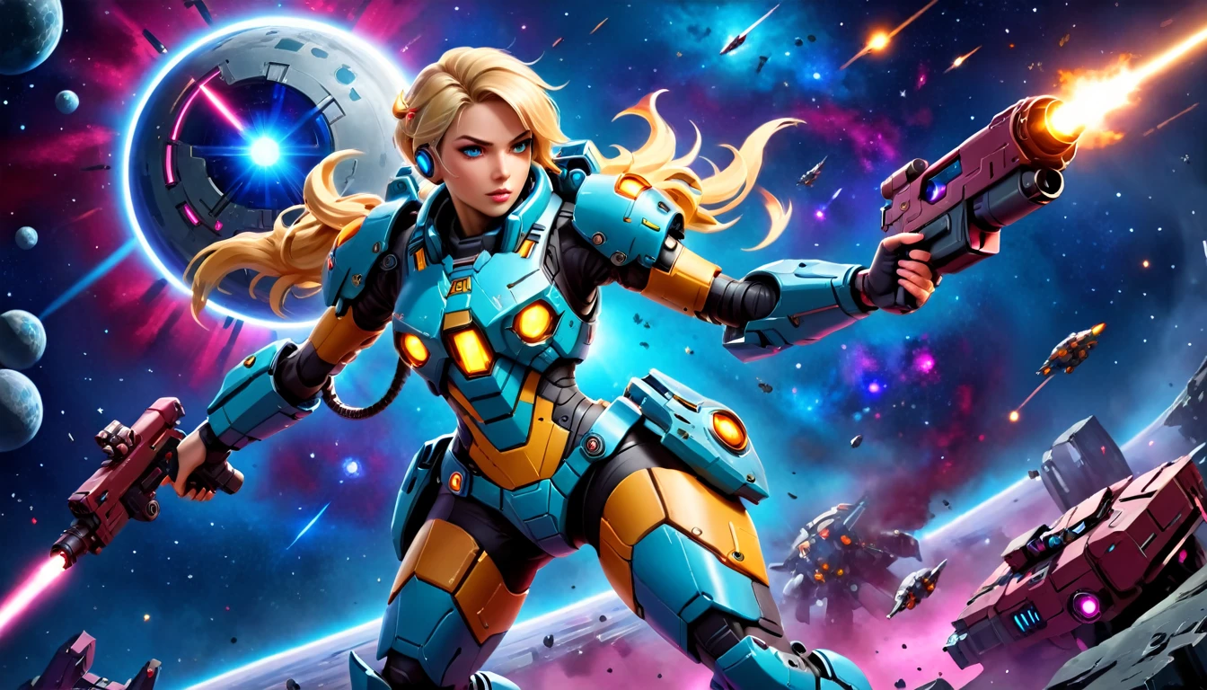 a female mech warrior in battle on a moon in space, full body shot, action shot, a tough and beautiful female mech warrior, short blond hair, dynamic eye color, intent gaze, ultra detailed face, best detailed face, she wears mech armor, and massive sci-fi gun, in battle, outer space background, stars, vibrant, Ultra-high resolution, High Contrast, (masterpiece:1.5), highest quality, Best aesthetics), best details, best quality, highres, (ultra wide angle: 1.2), 16k, ultra detailed, masterpiece, best quality, (extremely detailed),aetherpunkai, Mechanical Creatures, lasgun