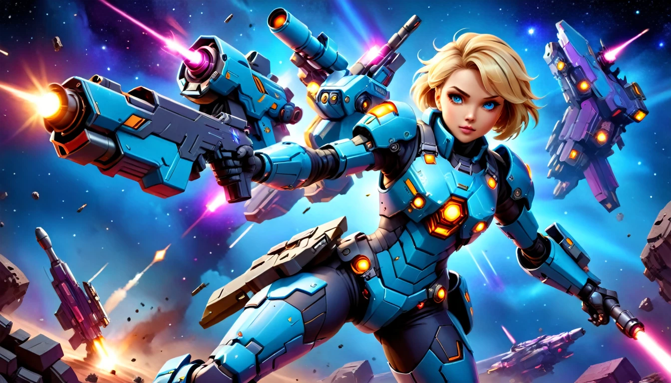 a female mech warrior in battle on a moon in space, full body shot, action shot, a tough and beautiful female mech warrior, short blond hair, dynamic eye color, intent gaze, ultra detailed face, best detailed face, she wears mech armor, and massive sci-fi gun, in battle, outer space background, stars, vibrant, Ultra-high resolution, High Contrast, (masterpiece:1.5), highest quality, Best aesthetics), best details, best quality, highres, (ultra wide angle: 1.2), 16k, ultra detailed, masterpiece, best quality, (extremely detailed),aetherpunkai, Mechanical Creatures, lasgun