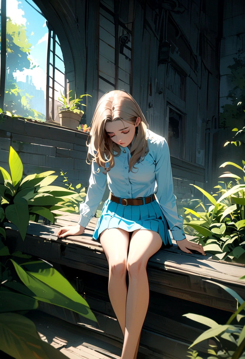 Chic woman with short skirt, boy sitting looking down his skirt