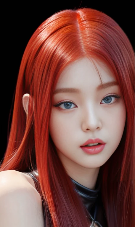 a close up of a woman With red hair wearing a leather outfit blue eyes, with long red hair, waist-length red hair, young beautiful amaranth, erza scarlet as a real person, amaranth, With red hair, she has long orange hair, redhead goddess, Jennie , Wonyoung , hwasa, beautiful, Beautiful young Korean woman, jaeyeon nam, ulzzang, heonhwa choe, beautiful mujer surcoreana, a girl with red hair, Long red hair and big eyes, Long red hair and big eyes, roseanne park by blackpink, kim taejin