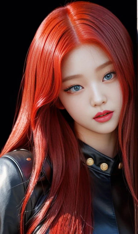 a close up of a woman With red hair wearing a leather outfit blue eyes, with long red hair, waist-length red hair, young beautiful amaranth, erza scarlet as a real person, amaranth, With red hair, she has long orange hair, redhead goddess, Jennie , Wonyoung , hwasa, beautiful, Beautiful young Korean woman, jaeyeon nam, ulzzang, heonhwa choe, beautiful mujer surcoreana, a girl with red hair, Long red hair and big eyes, Long red hair and big eyes, roseanne park by blackpink, kim taejin