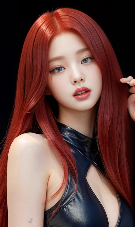 a close up of a woman With red hair wearing a leather outfit blue eyes, with long red hair, waist-length red hair, young beautiful amaranth, erza scarlet as a real person, amaranth, With red hair, she has long orange hair, redhead goddess, Jennie , Wonyoung , hwasa, beautiful, Beautiful young Korean woman, jaeyeon nam, ulzzang, heonhwa choe, beautiful mujer surcoreana, a girl with red hair, Long red hair and big eyes, Long red hair and big eyes, roseanne park by blackpink, kim taejin