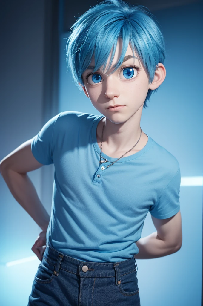 Creat a light blue pixar male style character based on inside out he has big blue eyes he siems frightened his hair is speky, he is wearing dark blue t-sheart and pants he represent feightening