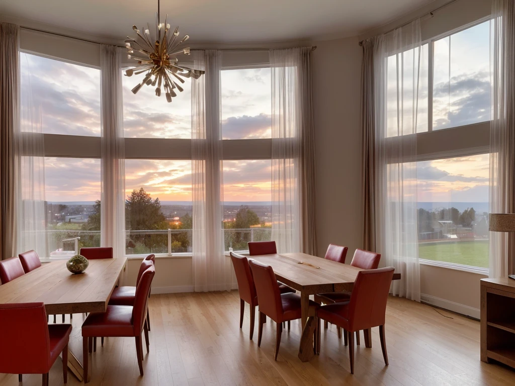 (Masterpiece), (photorealistic:1.5), (of the highest quality:1.4, 8k, raw photo, ultra high resolution, Professional lighting, Perfect dynamic composition, film grain, chromatic aberration, (bokeh:1.1), sophisticated, Surreal, high detail, golden ratio, Stunning view of a living room and dining room; contemporary style, with various furniture in brightly colored leather, very polished and shiny dark wood carpentry, contemporary lamps, decoration with abstract paintings, natural lighting through large windows with white curtains blowing in the wind, at sunset with reddish clouds in the background