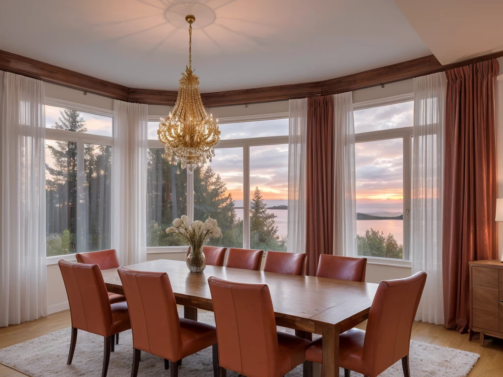 (Masterpiece), (photorealistic:1.5), (of the highest quality:1.4, 8k, raw photo, ultra high resolution, Professional lighting, Perfect dynamic composition, film grain, chromatic aberration, (bokeh:1.1), sophisticated, Surreal, high detail, golden ratio, Stunning view of a living room and dining room; contemporary style, with various furniture in brightly colored leather, very polished and shiny dark wood carpentry, contemporary lamps, decoration with abstract paintings, natural lighting through large windows with white curtains blowing in the wind, at sunset with reddish clouds in the background