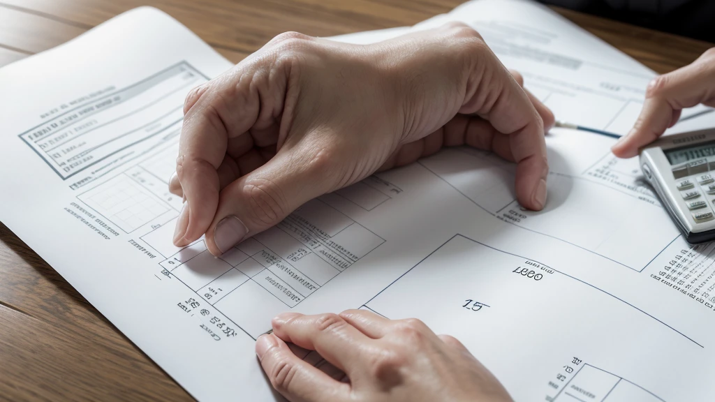 A paper with a calculation of millions, a calculator on the side, (a hand with the index pointing out the final result of the numbers)