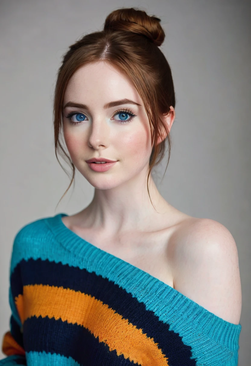 an eye contact of a brunette with hair in a bun, blue colored eyes, ((Karen Gillan)) 18 years old, flirting with the camera, necklase, Off The Shoulder, colorful sweater, topless