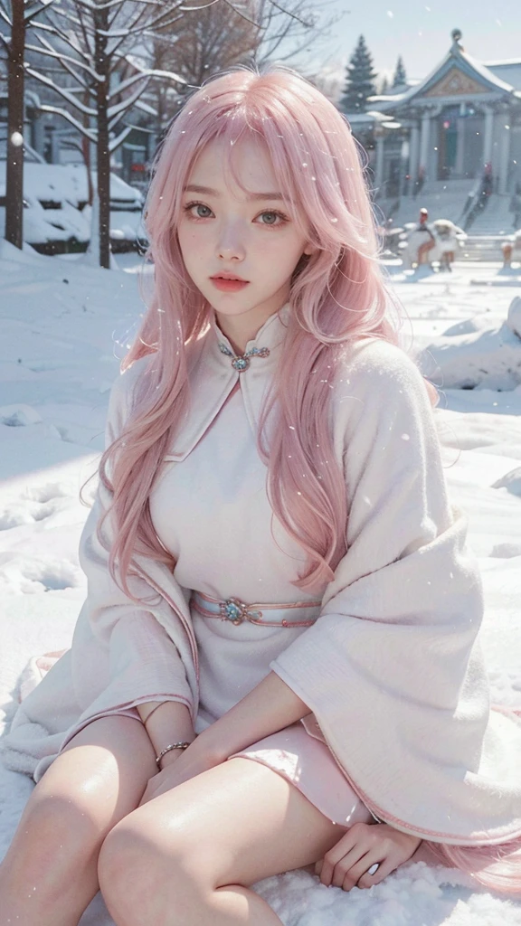 Works of masters,Best image quality,Ultra-high resolution,8K resolution,Sitting,solo person,FEMALES,ssmile,long whitr hair,Pink hair,crossed bangs,Wave head,Bracelet,Collar,during,ta costume,snowflower,Winters,temple,New Year,Opal rendering,Cinematic lighting,(Falling snow,cloaks),