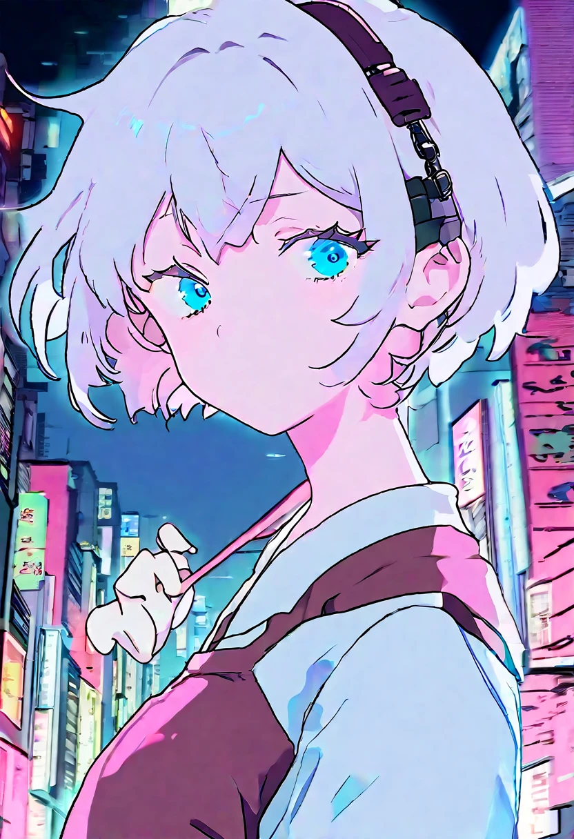 1 girl WITH SHORT HAIR, A GIRL WITH BLUE EYES, A girl in 80s anime style, Wearing headphones, retro, lo-fi, with a cassette tape, outside, outside, at night, night, night view, night景, Headshots, face close-up, intense close-up, intense close-up, The Tokyo cityscape serves as the backdrop, with its vibrant lights and neon signs illuminating the streets.