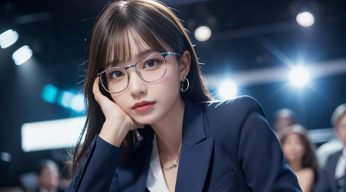 High resolution, Highly detailed photos, Hyper Real, Professional Lighting, Detailed bust, 8k wallpaper, Tabletop, highest quality, 1 girl, Beaver, (Looking at the audience), Dark blue suit, shirt, Silver-rimmed glasses, Earrings, necklace, mini skirt, large bust with good shape, Bokeh, Lower your arms