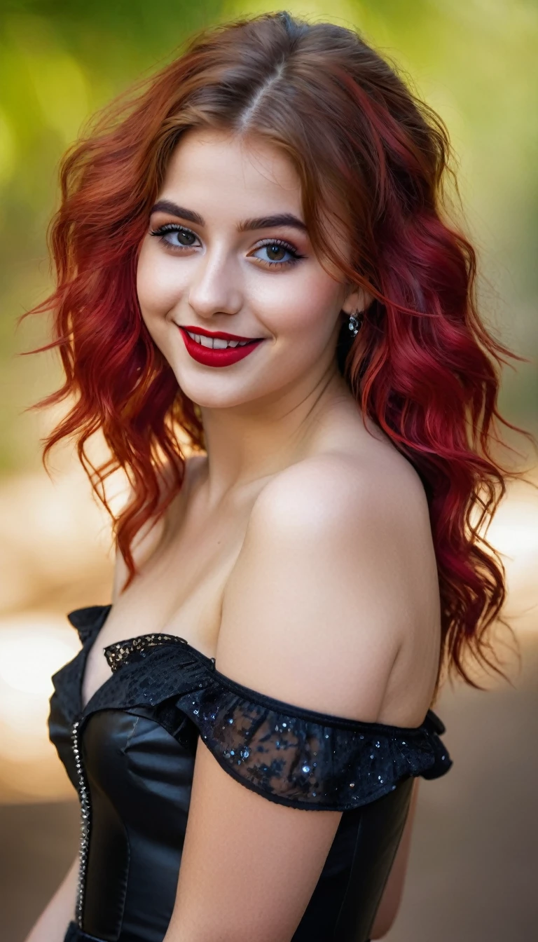 ultrarealistic high quality full body photo of a beautiful super busty slim european 19-year-old woman with cute hyperdetailed shy face and redhead shoulder length messy hair and shy smile, realistic round black eyes, red lips, dark eye makeup with eyeliner, wearing long shiny vinyl gothic dress, hourglass body, tanned, outdoor photography