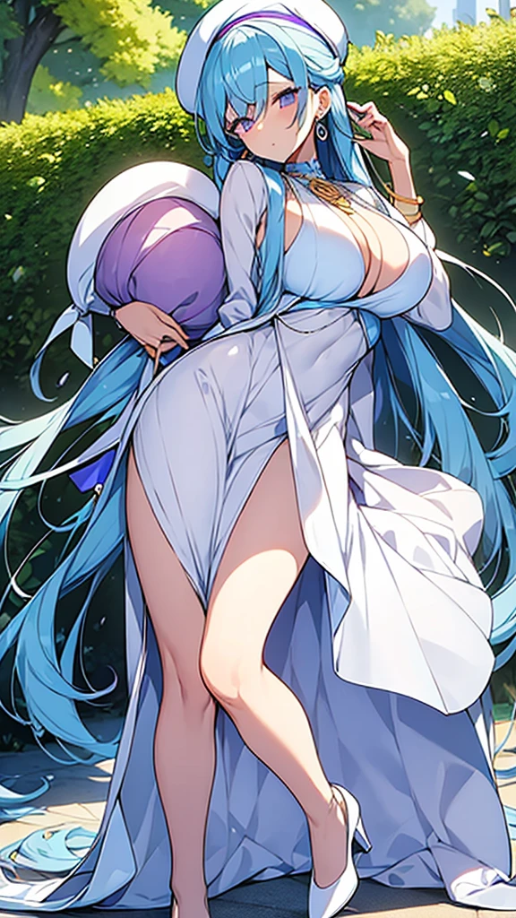 1woman, tall body, long light blue hair, purple beret on the head, perfect eyes, purple eyes, worried face, yellow circles earrings, white necklace, elegant long white low-cut dress with golden details, white heels, white bag, big breasts, big ass, garden background