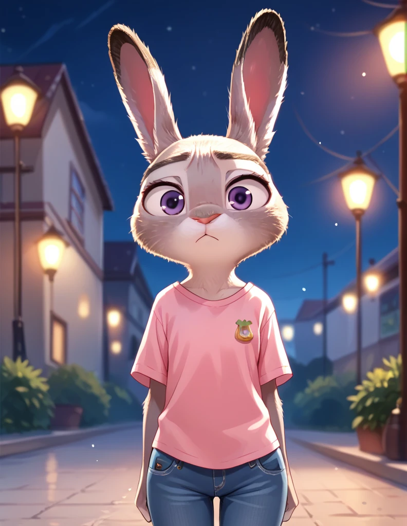 score_9, score_8_up, score_7_up, score_6_up, source_furry, judyhopps confused, dark, night, backlighting, solo, pink shirt, jeans, arms at sides, front view, portrait, mostrando su trasero grande