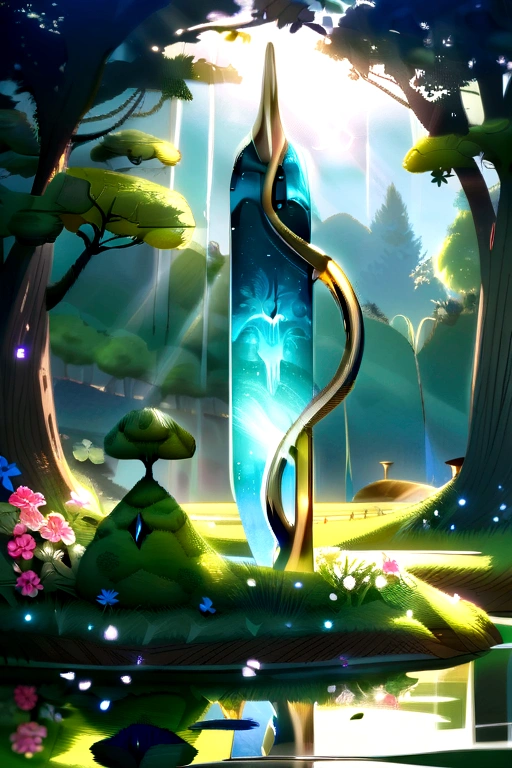 (best qualityer,4K,8K,high resolution,work of art:1.2),ultra detali,realisitic,crystalline guitar sculpture,translucent spring morning,reflection of sunlight on the guitar,Body Details,delicate strings,color palette Vibrantes,carving tools,hourglass figure,sound holes,graceful curves,polished surface,delicate engravings,Light and Shadow Effects,subtle reflections,shiny surface,shiny gemstones,flower petals falling,Floral patterns,emerald details throughout,transparent spring essence,ethereal atmosphere,peaceful garden background,serene environment,morning dew,soft sunlight filtered through the trees,lush vegetation,brightly colored flowers,harmonious mix of nature and art,impeccable craftsmanship,transcendent beauty,inspiring artwork