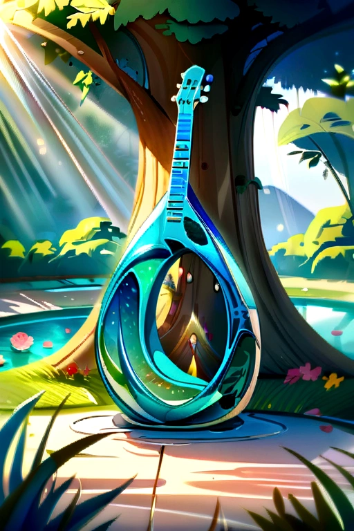 (best qualityer,4K,8K,high resolution,work of art:1.2),ultra detali,realisitic,crystalline guitar sculpture,translucent spring morning,reflection of sunlight on the guitar,Body Details,delicate strings,color palette Vibrantes,carving tools,hourglass figure,sound holes,graceful curves,polished surface,delicate engravings,Light and Shadow Effects,subtle reflections,shiny surface,shiny gemstones,flower petals falling,Floral patterns,emerald details throughout,transparent spring essence,ethereal atmosphere,peaceful garden background,serene environment,morning dew,soft sunlight filtered through the trees,lush vegetation,brightly colored flowers,harmonious mix of nature and art,impeccable craftsmanship,transcendent beauty,inspiring artwork