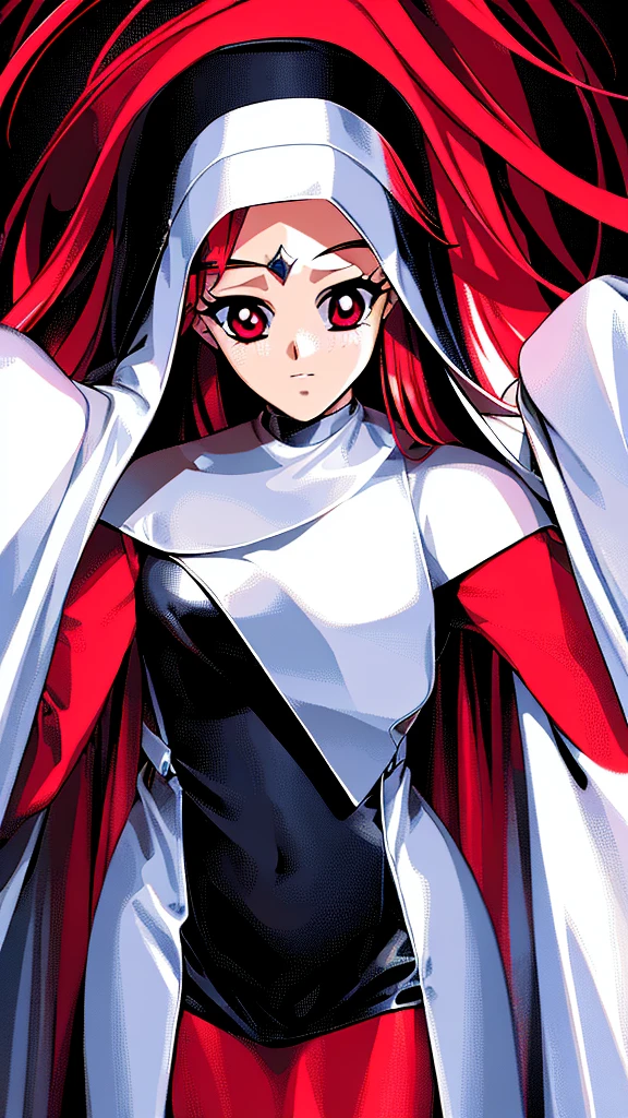 best quality,highly detailed,masterpiece,ultra-detailed,illustration,long hair,red hair, nun, 1 girl,red eyes, extremely detailed CG unity 8k wallpaper, highres, colorful,galgame, White background,Front view, black clother