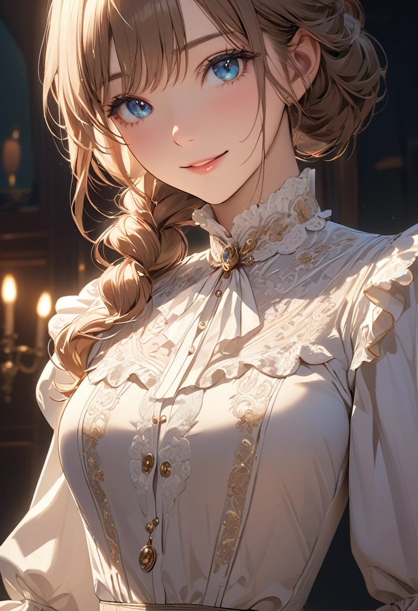 ((top quality)), ((masterpiece)), (detail), high resolution, perfect face, detailed eyes, fine eyes, cinematic lighting, 1 beautiful girl, Victorian blouse, Luxurious embroidery, medium breasts, smile