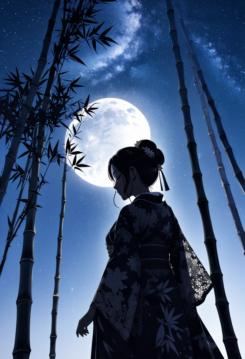(((silhouette art))), Orihime's sadness at being separated by the Milky Way is conveyed, as she stretches out her right arm and regrets parting, close-up, profile, Close-up, arms outstretched as they bid farewell,The clothing is a kimono, ((Double exposure, bamboo decoration)), a traditional Japanese folk costume with lace on the sleeves, moon, arigatou, from below, dynamic angle, looking away, bamboo decoration