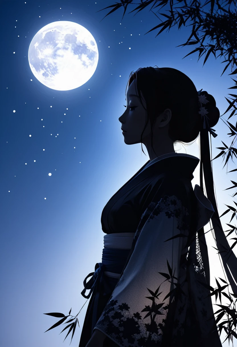(((silhouette art))), Orihime's sadness at being separated by the Milky Way is conveyed, as she stretches out her right arm and regrets parting, close-up, profile, Close-up, arms outstretched as they bid farewell,The clothing is a kimono, ((Double exposure, bamboo decoration)), a traditional Japanese folk costume with lace on the sleeves, moon, arigatou, from below, dynamic angle, looking away, bamboo decoration
