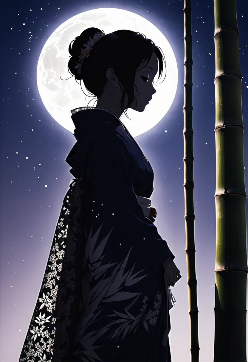 (((silhouette art))), Orihime's sadness at being separated by the Milky Way is conveyed, as she stretches out her right arm and regrets parting, close-up, profile, Close-up, arms outstretched as they bid farewell,The clothing is a kimono, ((Double exposure, bamboo decoration)), a traditional Japanese folk costume with lace on the sleeves, moon, arigatou, from below, dynamic angle, looking away, bamboo decoration