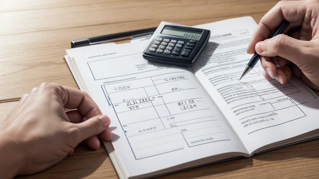 A paper with a calculation of millions, a calculator on the side, (a hand with the index pointing out the final result of the numbers)