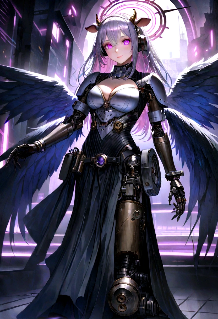 Create a bot、The gesture of the arrival of angels、Suspended in mid-air、facing at camera、complete body,in a panoramic view、12 to 16 years old, With a charming smile, Trigger emotions in people, When you see him, top-quality、tmasterpiece、超A high resolution、(Photorealsitic:1.4)、RAW photo、Steampunk robot angel、Large wing made of metal、White porcelain body、whaite hair、glowy skin、cyborg girl、((Super realistic details))、porate、The circular halo of time and gears constantly rotate behind it、globalillumination、black shadows、octan render、8K、ultrasharp、Character edge light,Colossal 、Raw skin is exposed in cleavage、Details of complex ornaments、Acrylic transparent cover、Sumerian details、Hydraulic cylinder、small led lights、highly intricate detail、Realistic light、a purple eye、Radiant eyes、Facing the camera、neon light detail、cow boy shot、Futuristic headgear、Floor plan about the《cyber punk perssonage》、Extra meticulous、future-tech、Faraway view、Full body photo、