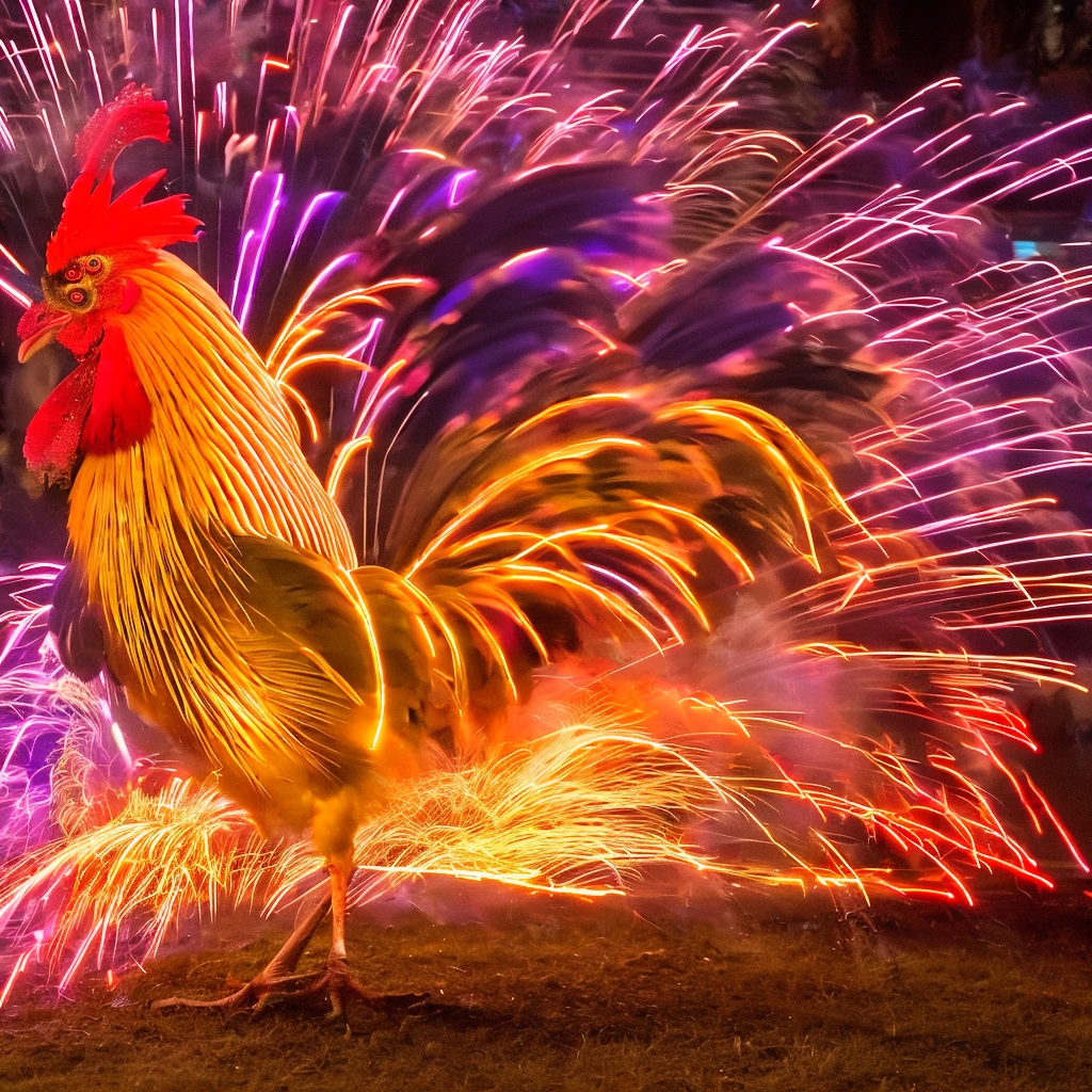 a neon aura of the fighting rooster with sparks appears from the body of this rooster seen in profile at the same height as him