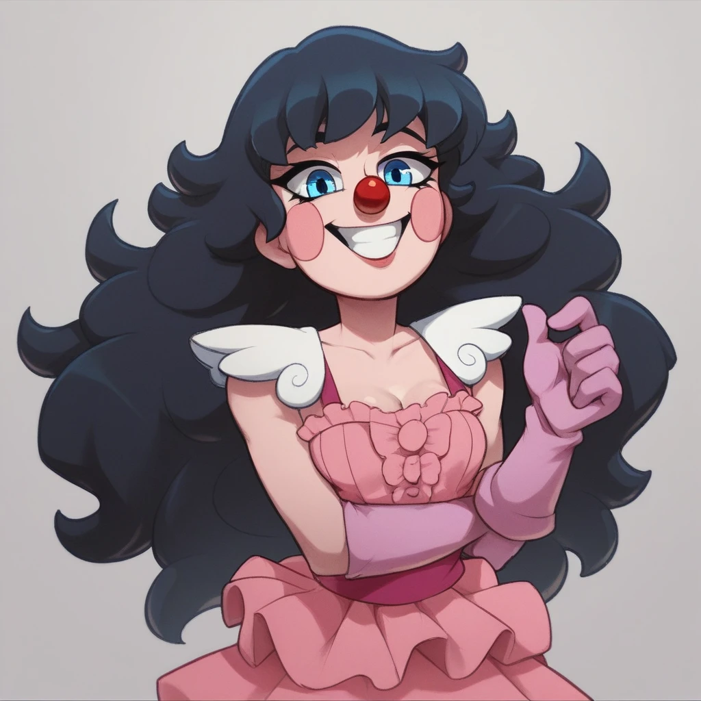 Ralph Bakshi Style, Curvy blue eyed girl with long wavy black hair and small breasts, clown-girl, (cruel_expression):4.0, lewd:4.0