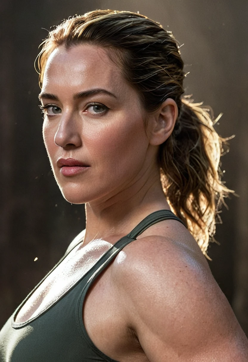 Looks like Kate Winslet, Wearing a tank top, thick figure, Capture Lara Croft in a luminous photograph that showcases her fearless spirit and undeniable beauty, Bring her to life with intricate details and a realistic portrayal,detailed skin, perfect eyes, highlighting her iconic symmetry, Realism, textured skin, super detail, award winning, best quality, 16k, retina, cinematic,