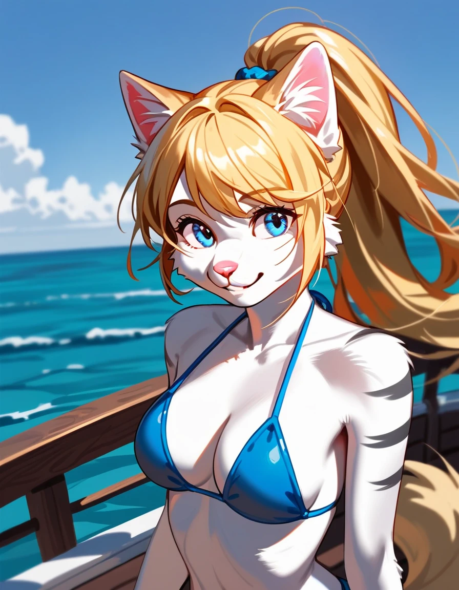 One, check_9,check_8_up,check_7_up, source_fluffy, Catboat, Anthro fluffy feline, blonde hair, (Hair in a ponytail):1.3, Blue eyes, pink nose, :3, smile, white sideburns, silver fur, gray stripes, fluffy body, in a blue bikini, I&#39;m standing in the river, giving you a thumbs up with one hand, big smile, shy, wink, fabulous, ultra clarity, 4K, excellent quality, high detail, close-up, bare chest, , cum on face, sex oral dick oral, The human penis,  Zoophilia, cute sucks dick, the cat sucks gently, caresses with tongue, sperm dripping from mouth, balls dick, balls shaved, big dick, juicy dick, touches eggs with hands, plays with eggs, tits naked, Nipples 