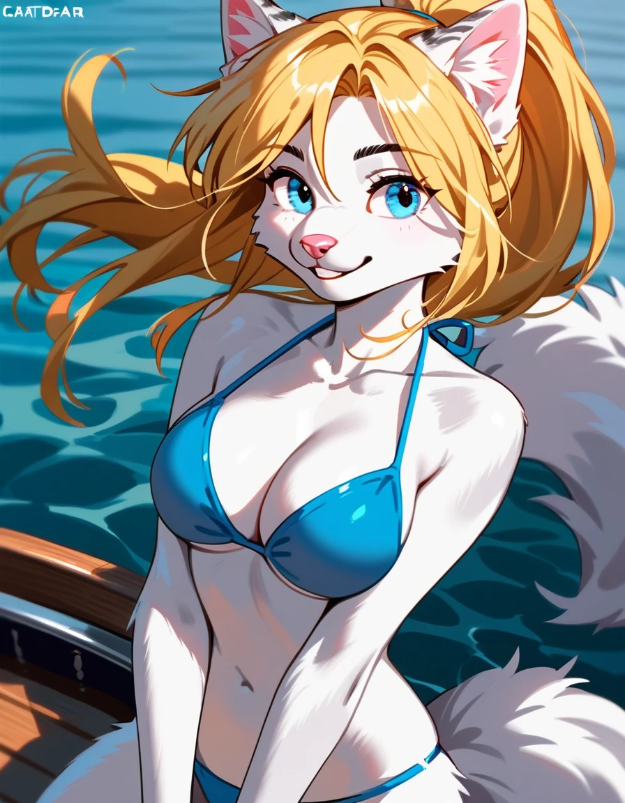 One, check_9,check_8_up,check_7_up, source_fluffy, Catboat, Anthro fluffy feline, blonde hair, (Hair in a ponytail):1.3, Blue eyes, pink nose, :3, smile, white sideburns, silver fur, gray stripes, fluffy body, in a blue bikini, I'm standing in the river, giving you a thumbs up with one hand, big smile, shy, wink, fabulous, ultra clarity, 4K, excellent quality, high detail, close-up, bare chest, , cum on face, sex oral dick oral, The human penis, Zoophilia, cute sucks dick, the cat sucks gently, caresses with tongue, sperm dripping from mouth, balls dick, balls shaved, big dick, juicy dick, touches eggs with hands, plays with eggs, tits naked, Nipples