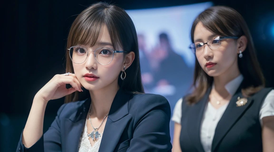High resolution, Highly detailed photos, Hyper Real, Professional Lighting, Detailed bust, 8k wallpaper, Tabletop, highest quality, 1 girl, Beaver, (Looking at the audience), Dark blue suit, shirt, Silver-rimmed glasses, Earrings, necklace, mini skirt, large bust with good shape, Bokeh, Lower your arms