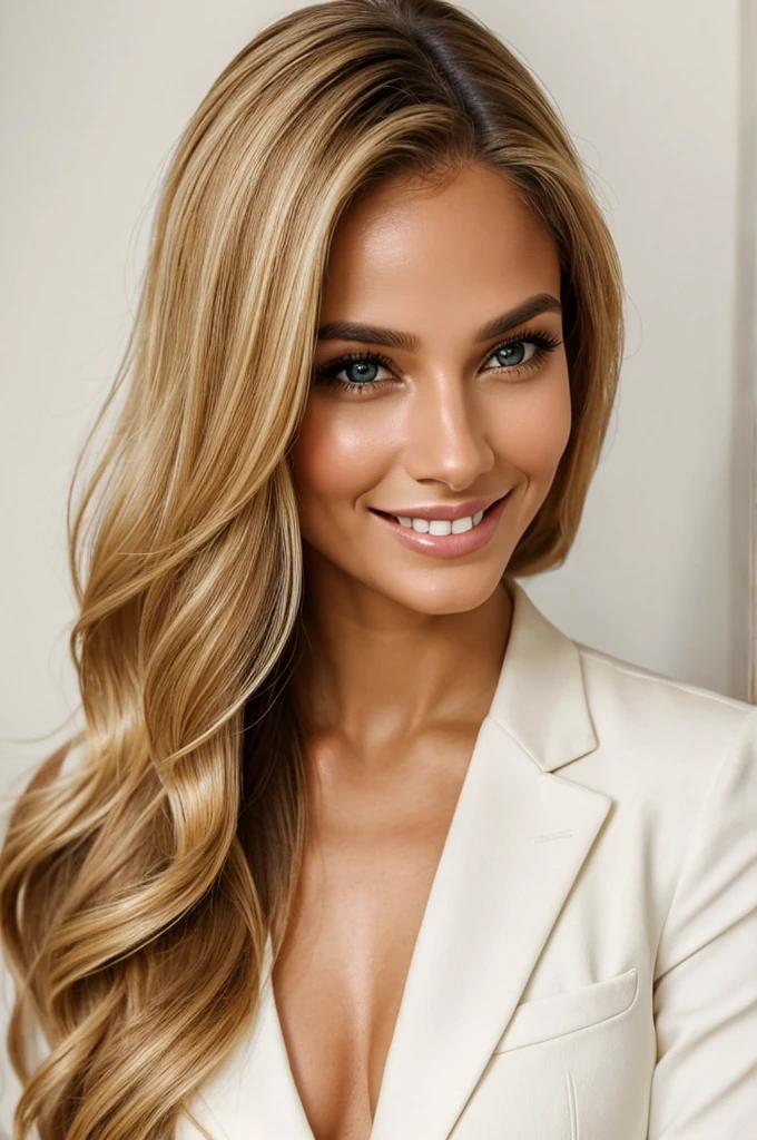 A stunning, photorealistic portrait of Gabriela Fernandes, a beautiful 29-year-old Brazilian woman with long, flowing blonde hair and captivating honey-colored eyes. She has a flawless, glowing complexion, high cheekbones, and a warm, genuine smile that radiates positivity. Gabriela is wearing a stylish, elegant outfit that complements her figure, which is toned and fit. The portrait captures her natural beauty, intelligence, and vibrant energy.