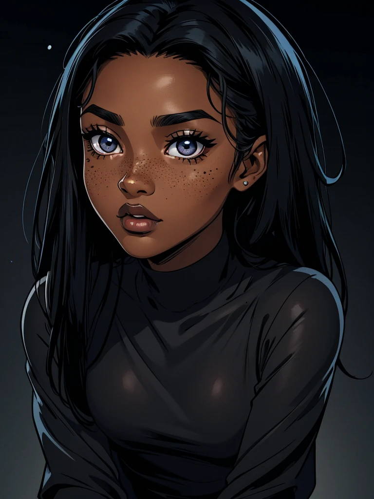 (masterpiece), best quality, expressive eyes, perfect face, (masterpiece), best quality, expressive eyes, perfect face. (absurdres, highres, ultra detailed), 1 girl black skin, plump lips, black skin, cute and delicate. extremely long black hair hair, freckles on her face, her breasts are small, completely innocent face, she is wearing color cosmic clothes. BLACK SKIN, WOMAN BLACK SKIN, ONLY BLACK SKIN allowed, DARK_SKIN, high quality, 8k, 4k, FULL BODY. WHITE EYES