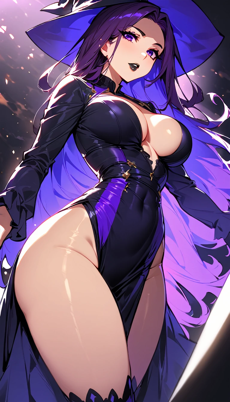 (high quality, 8k, 4K, high contrast, artwork:1.2, high quality, best aesthetics), (dynamic angle), ((1 woman)), erotic, sensual, mature body, super detailed, beautiful face detailed, beautiful eyes detailed, detailed beautiful mouth, sexy body, perfect breats, perfect wide thighs, (long straight dark purple hair), (dark purple eyes), (calm expression), (penetrating gaze), (looking at the viewer), (black lipstick), (black eyeliner), (black eyeshadow), (slightly colored), (dark purple dress with long sleeves, medium ruffled skirt and small cleavage on the breasts), (dark purple witch hat), (long dark purple thigh-high socks), (standing), (centered), (simple background)